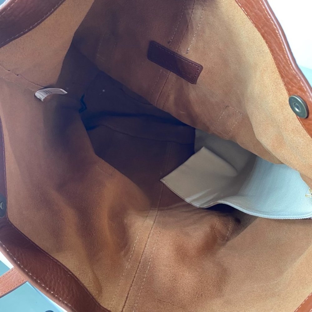 LL Bean Signature Tan Womens Leather Fold Over Shoulder Tote Work Computer Large - Picture 9 of 14